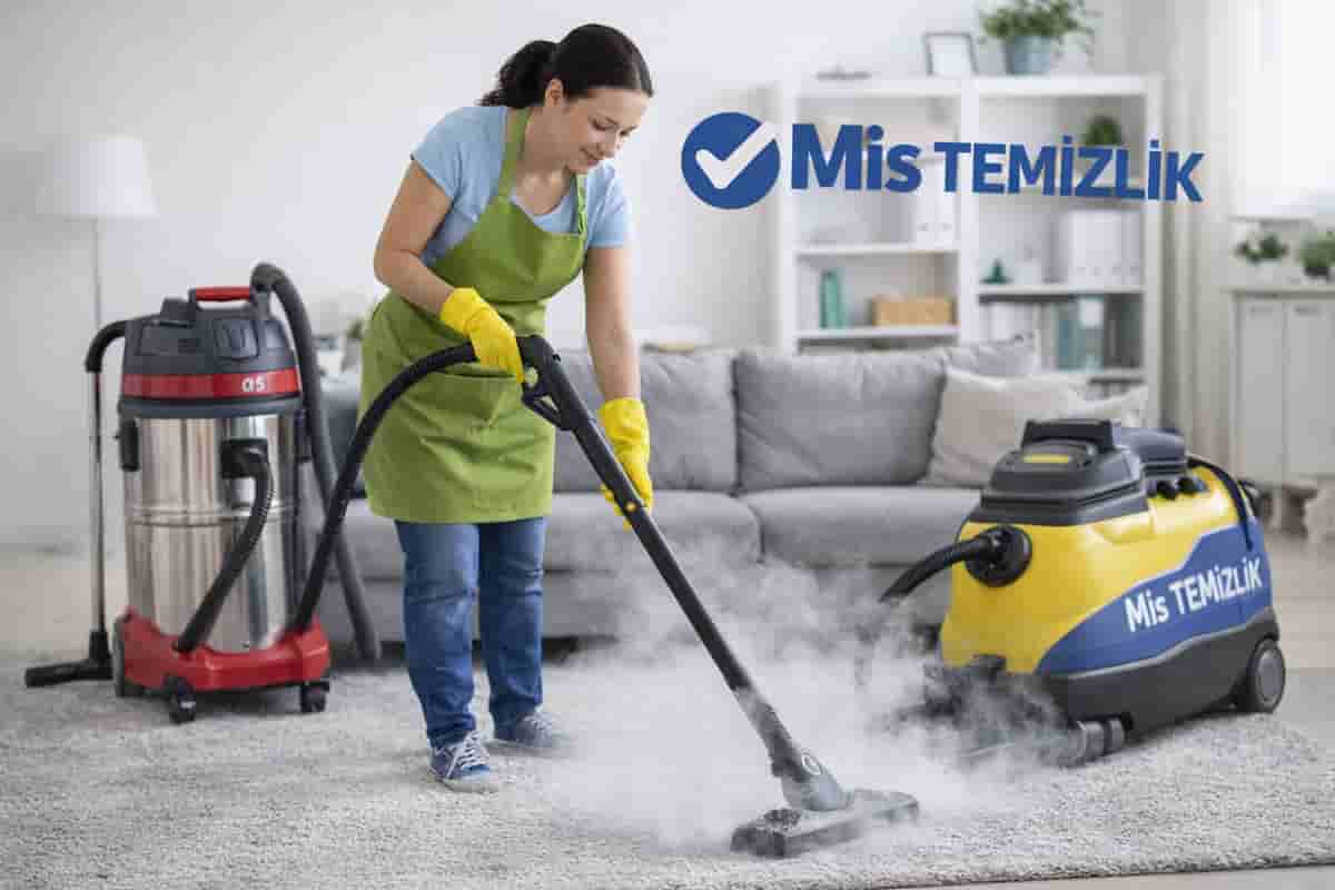 Beylikd&uuml;z&uuml;'nde buharlı temizlik hizmeti veren Mis Temizlik personeli profesyonel makine ile halı temizlerken